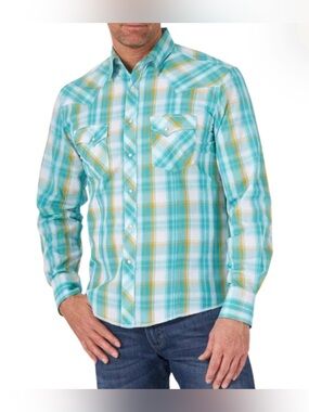 NWT WRANGLER Plaid Snap Long Sleeve Skirt Teal White L